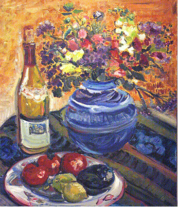 Peinture à l'huile le vase bleu et le vin Naoko Paganotti